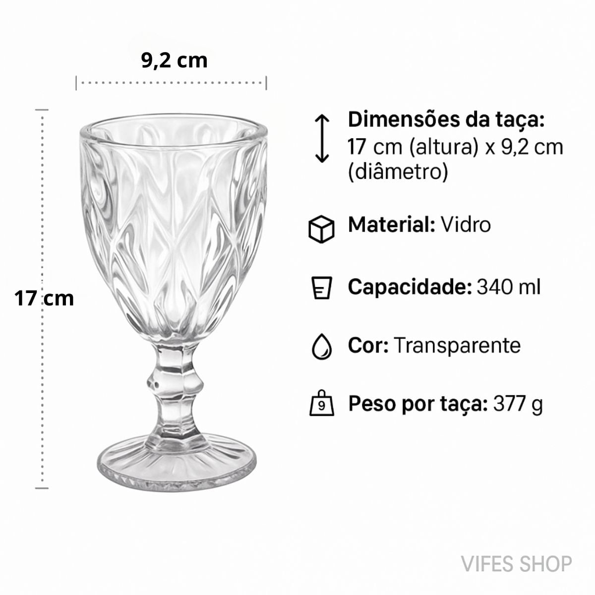 Jogo de Taças Diamante 340ml Vidro Premium 6 Peças Elegância na Mesa
