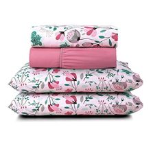 Jogo Cama Lençol Casa Scarpa Celi King Micropercal Estampado 200 Fios 4 Peças Bothanica Floral Rosa
