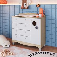 Cômoda Infantil 4 Gavetas 1 Porta Encanto Carvalho e Branco Completa Móveis