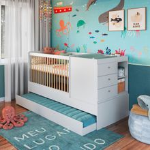Berço Cama com Cômoda e Cama Auxiliar Branco Completa Móveis