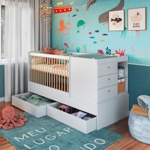 Berço Cama com Cômoda e Gavetões Branco Completa Móveis