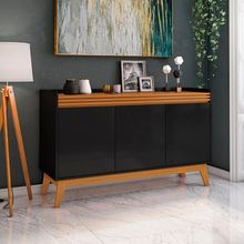 Buffet Aparador Ripado Com 3 Portas Monaco 136cm - Preto E Cedro