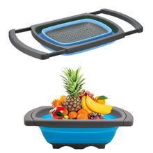 Escorredor De Pia Silicone Retratil Alca Ajustavel Massas Macarrao Legumes Frutas Grande Azul