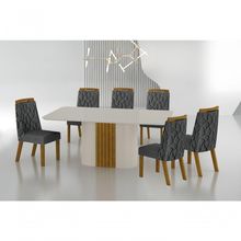 Conjunto Sala De Jantar Mesa Com Vidro 180cm Com 6 Cadeiras Pé Madeira Dacota Off White Freijó/off White/linho Chumbo