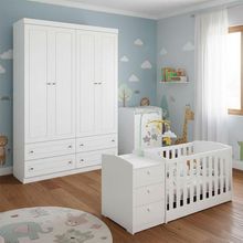 Berço Multifuncional Atlanta E Guarda Roupa 4 Portas Americano Ambiente Branco Fosco Henn - Reller