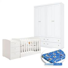 Berço Multifuncional Atlanta E Guarda Roupa Mississipi 4 Portas Henn Branco Fosco Com Colchão Ortobom - Reller