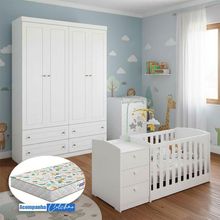 Berço Multifuncional Atlanta E Guarda Roupa Americano 4 Portas Henn Ambiente Branco Fosco Com Colchão Gazin - Reller