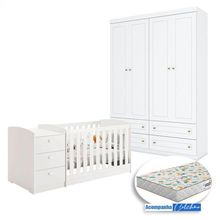 Berço Multifuncional Atlanta E Guarda Roupa Americano 4 Portas Henn Branco Fosco Com Colchão Gazin - Reller