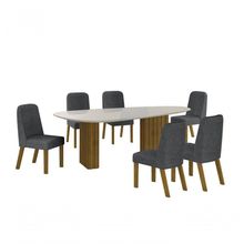 Conjunto Sala De Jantar Mesa Orgânica Com Vidro 180cm Com 6 Cadeiras Pé Madeira Isis Freijó/off White/linho Chumbo