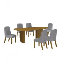 Conjunto Sala De Jantar Mesa Orgânica Sem Vidro 200cm Com 6 Cadeiras Pé Madeira Isis Freijó/linho Cinza