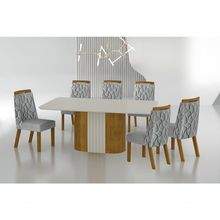 Conjunto Sala De Jantar Mesa Com Vidro 180cm Com 6 Cadeiras Pé Mdf Dacota Freijó Off White/off White/linho Cinza