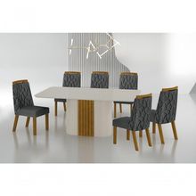 Conjunto Sala De Jantar Mesa Com Vidro 180cm Com 6 Cadeiras Pé Mdf Dacota Off White Freijó/off White/linho Chumbo