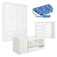 Quarto Infantil Americano 4 Portas E Berço Multifuncional Atlanta Branco Fosco Com Colchão Ortobom - Reller