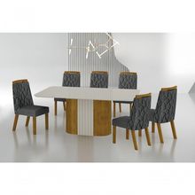 Conjunto Sala De Jantar Mesa Com Vidro 180cm Com 6 Cadeiras Pé Madeira Dacota Freijó Off White-off White-linho Chumbo