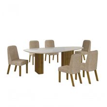 Conjunto Sala De Jantar Mesa Orgânica Com Vidro 180cm Com 6 Cadeiras Pé Madeira Isis Freijó-off White-linho Palha