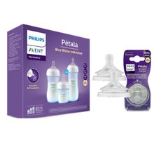 Kit Mamadeiras Pétala Antivazamento Azul + 2 Bicos n 5 Avent