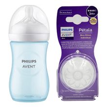Mamadeira Avent Pétala Azul Menino 260ml + Bico Nº 4 3m+ 2un