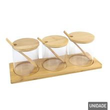 Porta Condimento Vidro 03 Pçs Suporte de Bambu - Tudo em Caixa