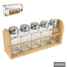 Porta Condimento Vidro 06 Pçs Suporte de Bambu - Tudo em Caixa