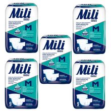 Fralda Geriátrica Adulto Mili Vita  Tam M  5 Pacotes com 9 fraldas   Total 45 fraldas com Super Gel