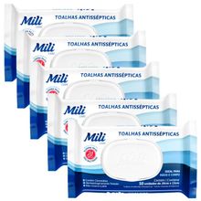 Lenço Umedecido ou Toalhas Antissépticas Mili  5 pacotes c/ 50 (total: 250 toalhas)