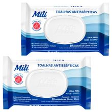Lenço Umedecido ou Toalhas Antissépticas Mili  2 pacotes c/ 50 (total: 100 toalhas)
