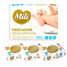 Kit Trocador Descartável Mili + Lenço Umedecido Love Care (3 pacotes de 100 lenços)