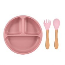 Conjunto Refeição Infantil Silicone 3 Peças Prato com divisórias + Colher Garfo Treinamento do Bebê Antiderrapante