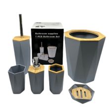 JOGO BANHEIRO EM BAMBU PORTA SABONETE  ESCOVA ALGODÃO LIXEIRA ESCOVA SANITÁRIA 6 PEÇAS