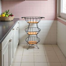 Fruteira de Chão 3 Andares em Ferro e Madeira Maciça Estilo Rústico Industrial