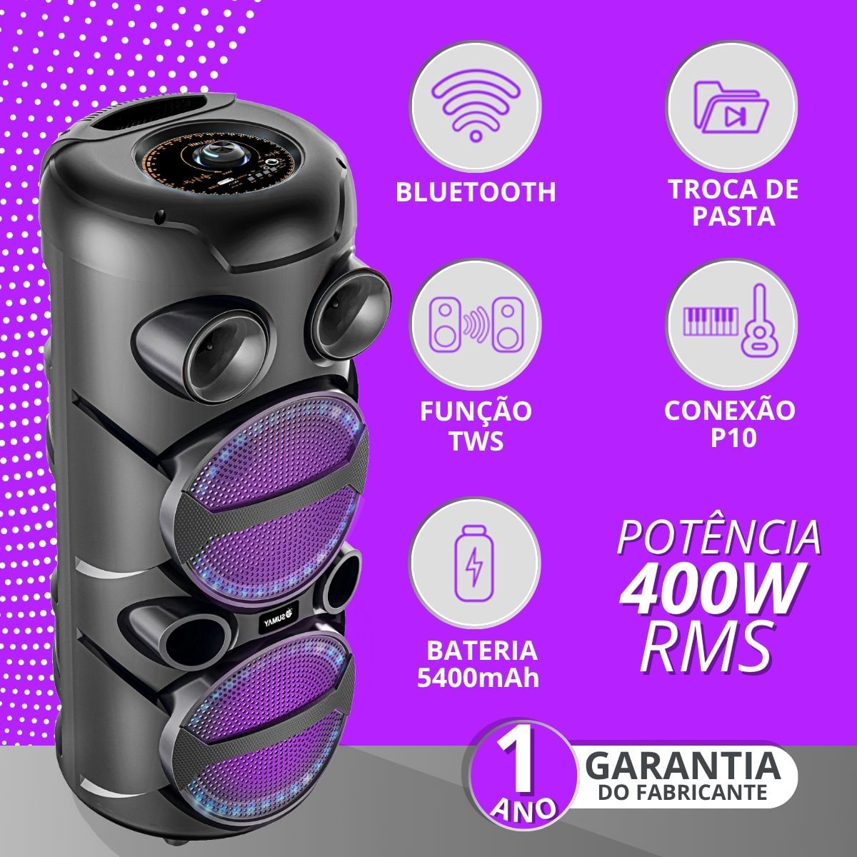 Caixa De Som Portatil Sumay SM-CAP 50 Ravena com Controle 400W RMS ...