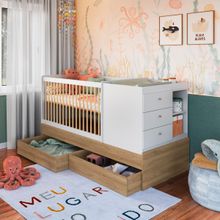 Berço Cama com Cômoda e Gavetões Aveiro e Branco Completa Móveis