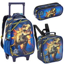 Kit Mochila Rodinhas Lancheira Estojo Infantil Escolar Menino Dinossauro Premium Azul Seanite