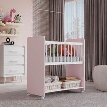 Berço Lótus Com Grade Fixa Mb1 Cor Branco Com Rosa