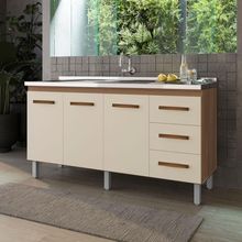 Balcão Vinca 3 Portas 3 Gavetas Cozinha Mb1 150cm Cor Savana Off White