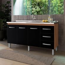 Balcão Vinca 3 Portas 3 Gavetas Cozinha Mb1 150cm Cor Savana Preto Pc