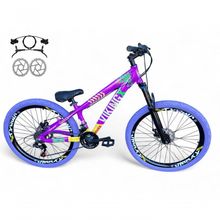 Bicicleta Aro 26 Vikingx Tuff Freio Hidráulico 21v Freeride Rodas Vmaxx Suspensão Pneu Flame Roxo-amarelo X25