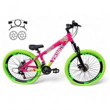 Bicicleta Aro 26 Vikingx Tuff Freio Hidráulico 21v Freeride Rodas Vmaxx Suspensão Pneu Flame rosa-Verde X25