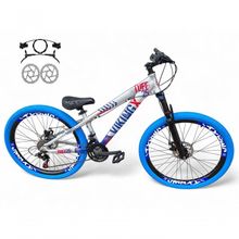 Bicicleta Aro 26 Vikingx Tuff Freio Hidráulico 21v Freeride Rodas Vmaxx Suspensão Pneu Flame prata-Azul X25