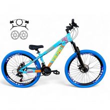 Bicicleta Aro 26 Vikingx Tuff Freio Hidráulico 21v Freeride Rodas Vmaxx Suspensão Pneu Flame Azul-Laranja X25
