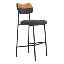 Banqueta Alta Cozinha Lila Estofada Com Encosto Couríssimo Whisky Linho Grafite - Desk Design