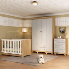 Quarto De Bebê Completo Com Berço Americano 3 Em 1 Dengo Multimóveis MP4588 Madeirado-off White