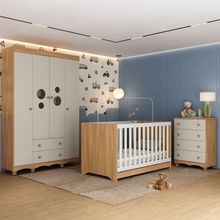 Quarto De Bebê Completo Com Berço Americano 3 Em 1 Suspiro Multimóveis MP4620 Madeirado-off White