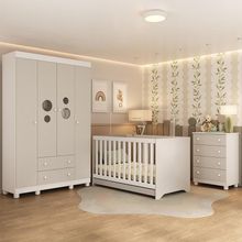 Quarto De Bebê Completo Com Berço Americano 3 Em 1 Bombom Multimóveis MP4618 Branco-off White