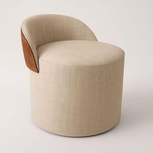 Puff Encosto Corino Linho Orgânico Sala Redondo Quarto Banco Bege