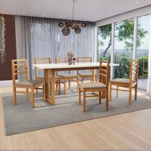 Conjunto Sala De Jantar Elisa Em Madeira Maciça 6 Cadeiras Linho Fendi