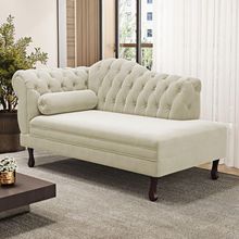 Divã Recamier Lavínia Clássico 120cm Capitonê Com Pés De Madeira Suede Bege Claro - Desk Design