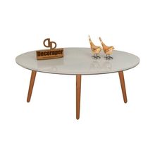 Mesa De Centro Oval Laqueada Com Vidro Pé Palito 80x50 Off White