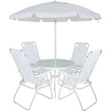 Conjunto Noronha Branco com Mesa 4 Cadeiras e Guarda Sol Bel