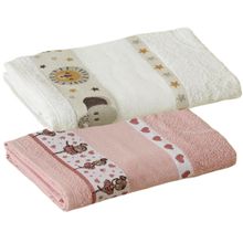 Kit ( 2 ) Toalha de Banho KazzaVip Infantil 100% Algodão Jacquard Barra para Bordar Funny Rosa e Branco